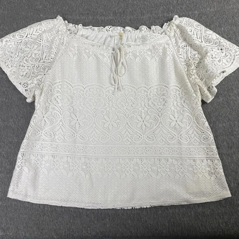 NY Collection Petite White Lace Peasant Blouse PXL Off Shoulder Short Sleeve Top